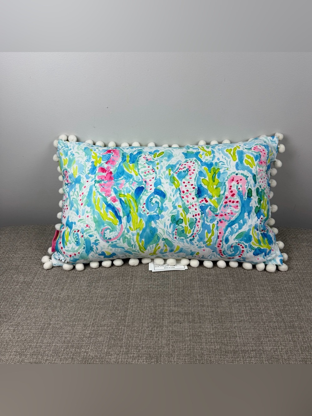 Lilly Pulitzer Seahorse Lumbar Pillow 14x20 Pom Pom Trim Double Sided Outdoor